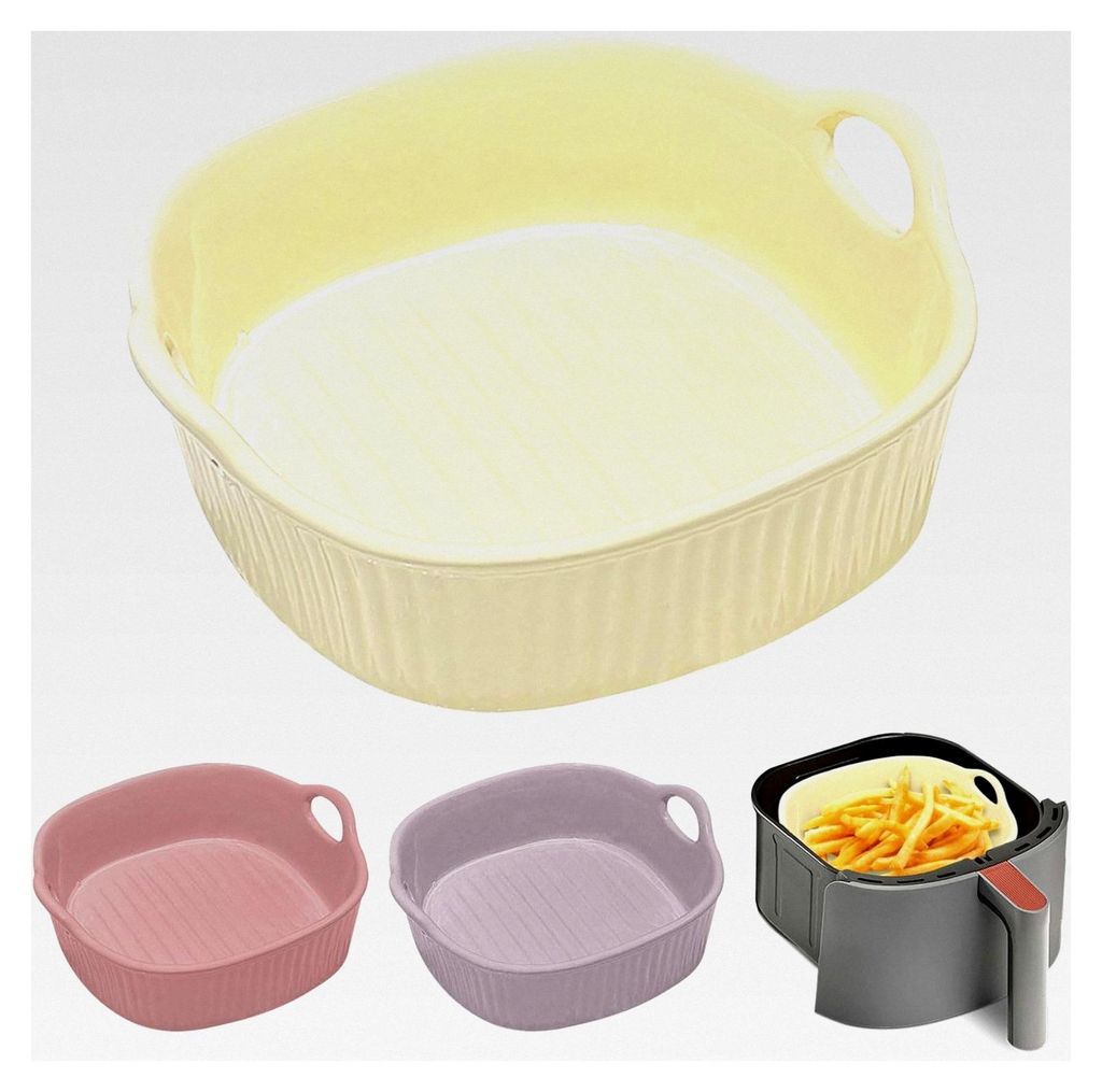Runde Auflaufform aus Keramik, geeignet für Heißluftfritteusen 18,5 x 16,5 x 5,5 cm, Lasagneform, bunt glasiert, für Lasagne, Pommes Frites, Sup...
