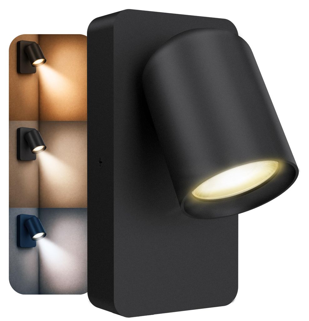SSC-LUXon NERU Wandleuchte scandi schwarz drehbar - Leselampe Schlafzimmer mit USB & Schalter inkl. LED GU10 Lampe drei einstellbaren Lichtfarben 3CCT