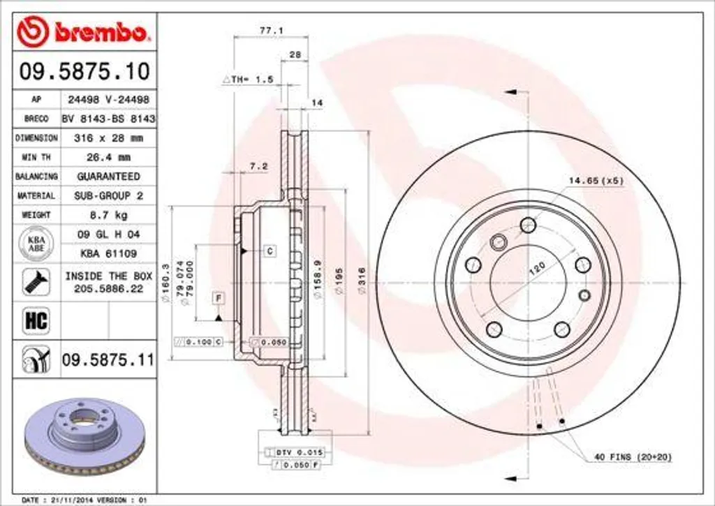Disque de frein Brembo 09.5875.11 pour BMW Série 7 E38 OE 34111162093