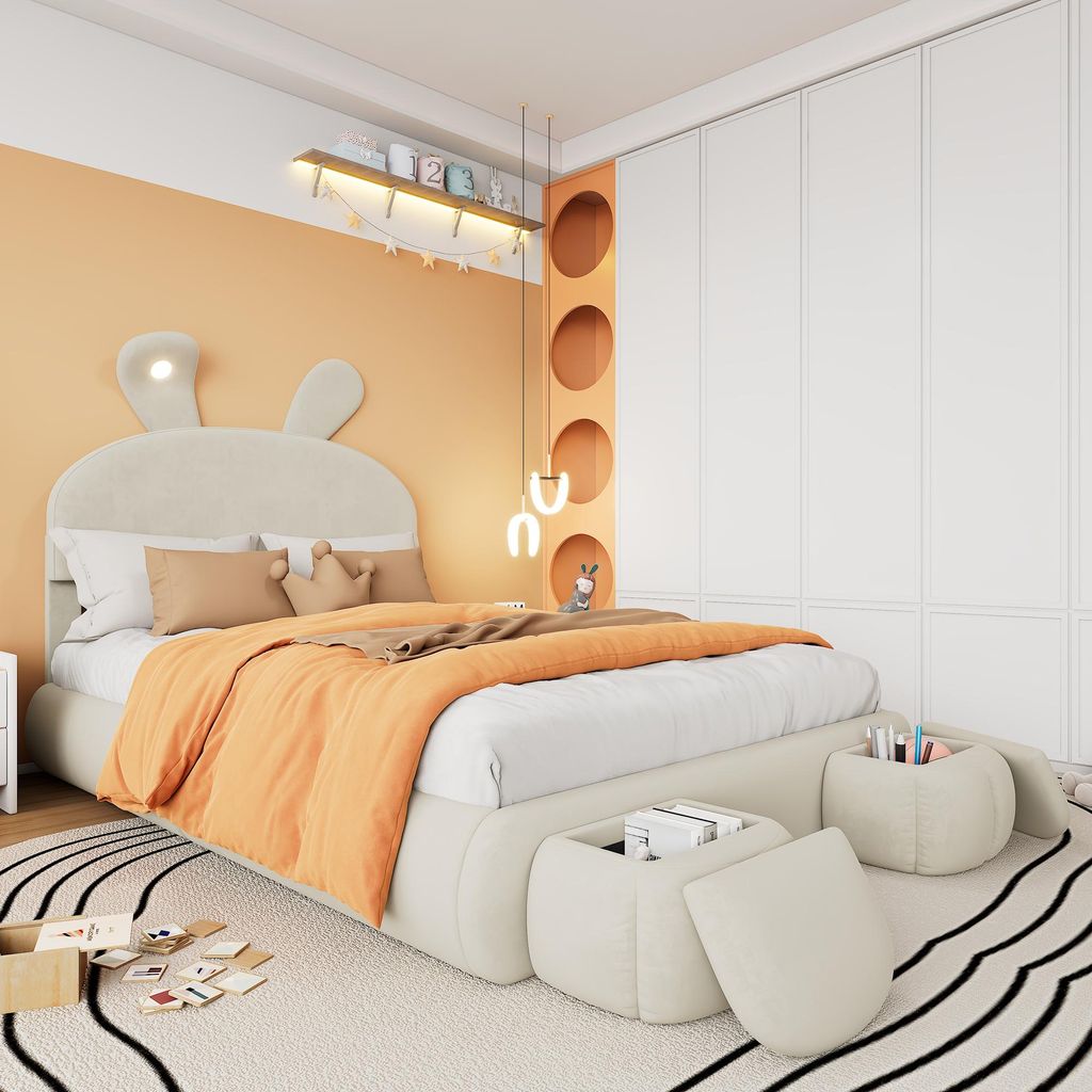 A child's bedroom with a bed, wardrobe, and decorative elements.