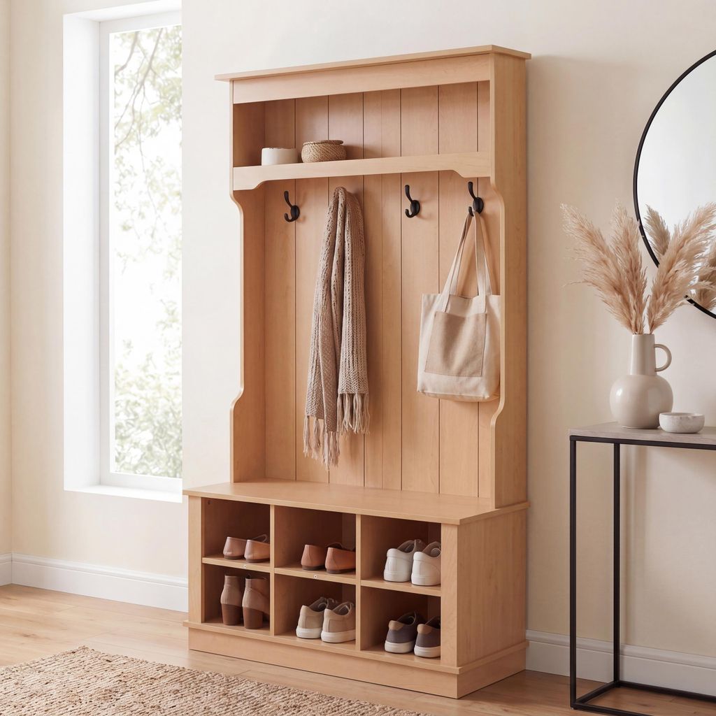 Garderobe MCW-P26, Flurgarderobe Holzgarderobe Sitzbank, 4 Haken Staufach Ablage Melamin 170x100x39cm natur