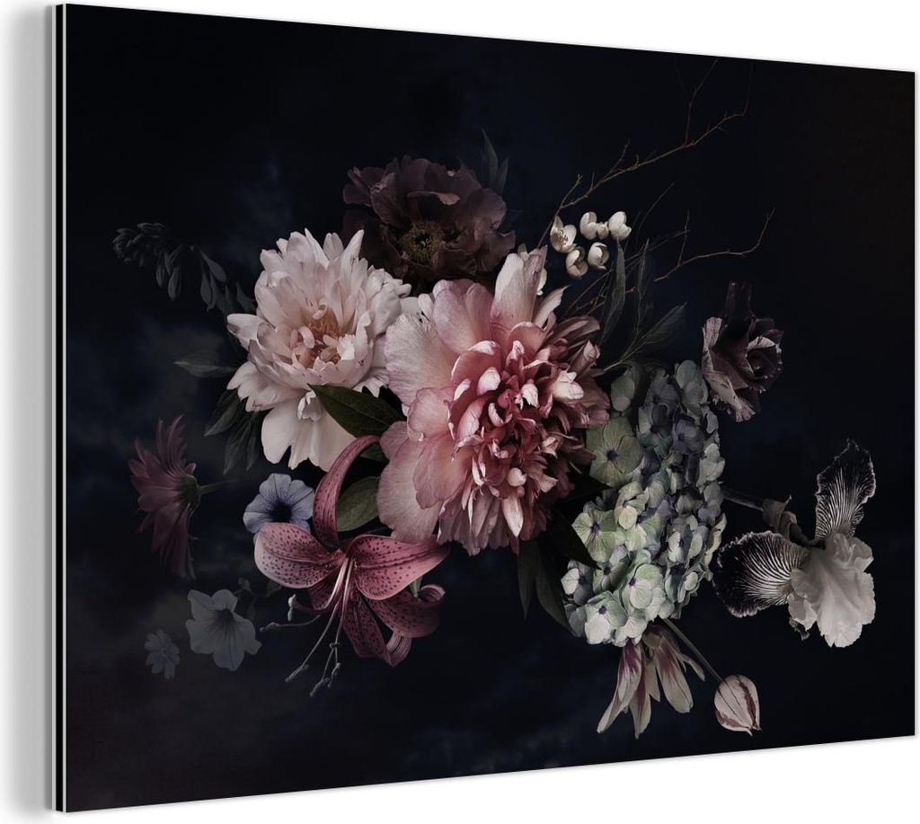 MuchoWow Wanddekoration Metall Metallbild Wandkunst 60x40 cm Blumen - Vintage - Pastell - Rosa - Weiß MuchoWow Aluminium Gemälde - Gemälder