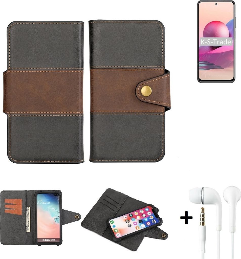 K-S-Trade Handyhülle Schutzhülle Bookstyle Wallet-Case kompatibel mit Xiaomi Redmi Note 10S + earphones Bumper rundumschutz schwarz-braun 1x