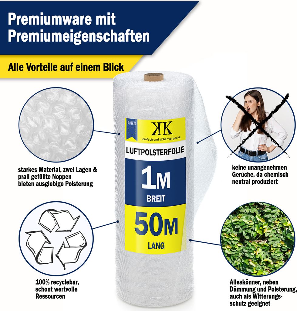 1x LUFTPOLSTERFOLIE - 1,0m x 50m Noppenfolie - ER VERSAND Produktbild 