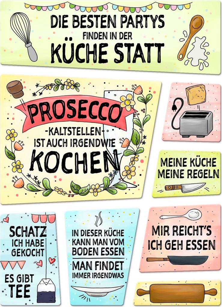 Küchen Kühlschrankmagnete 8er Set mit Thema Kochen im handgemalten Stil Koch Tee
