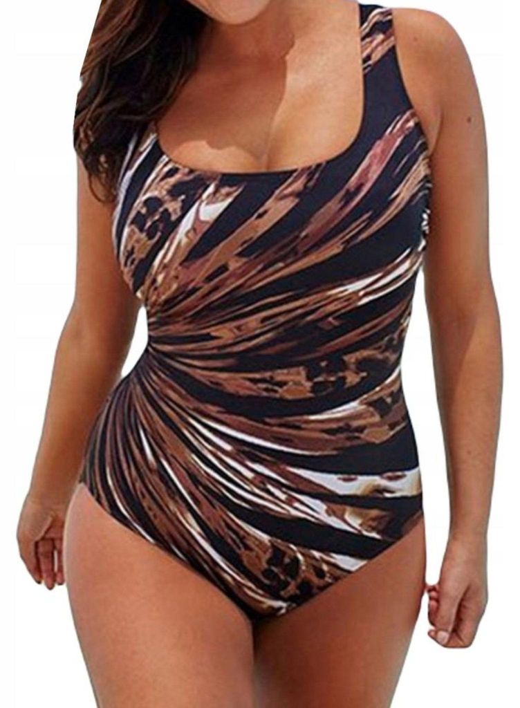 Einteiliger Badeanzug - für das Schwimmbad - Schlank machender Damen-Badeanzug - Push-Up - Braun und Schwarz - L