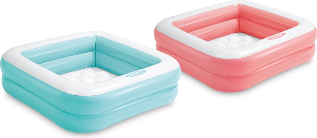 Two inflatable pools, one blue and one pink, are shown against a white background.