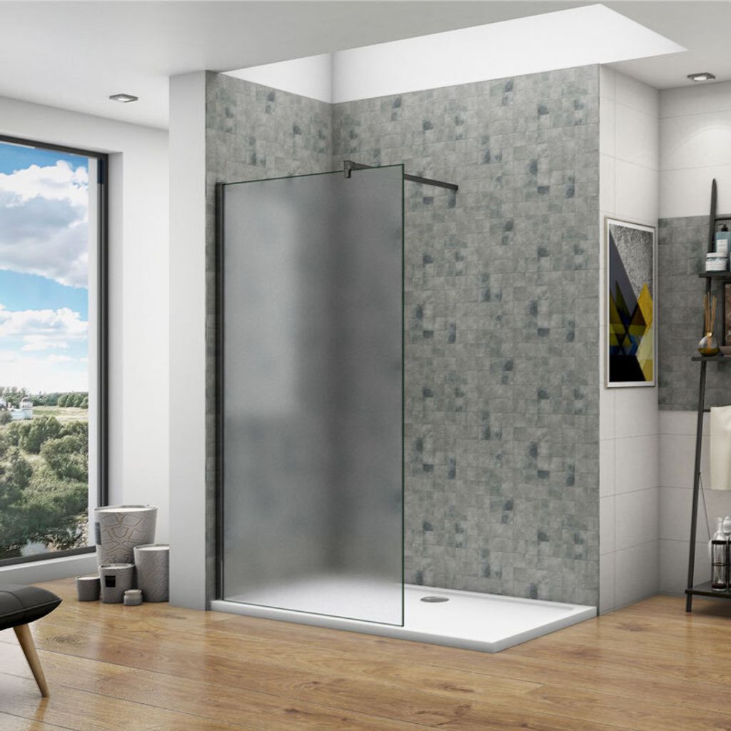 AICA walk in dusche 80X200cm Milchglas Duschwand 10mm NANO ESG-Glas mit Schwarz 90cm Stabilisator Duschabtrennung Duschtrennwand Duschkabine