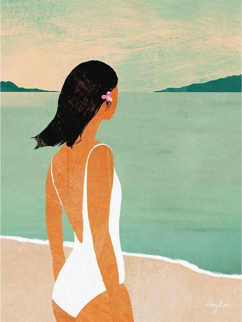 Toile Beach Girl III PM10477 en Bleu et Blanc - Format 50 x 40 cm
