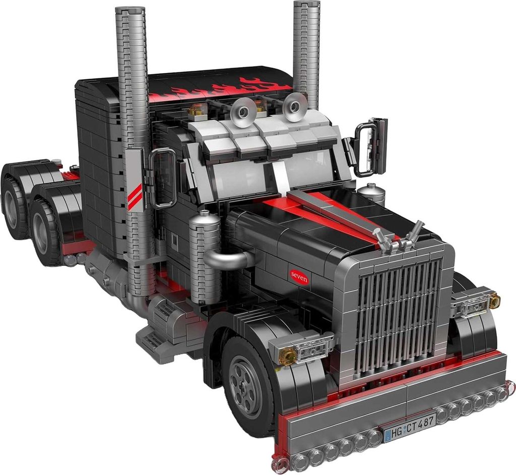 A model of a black and red semi-truck, built from interlocking bricks, is shown against a white background.