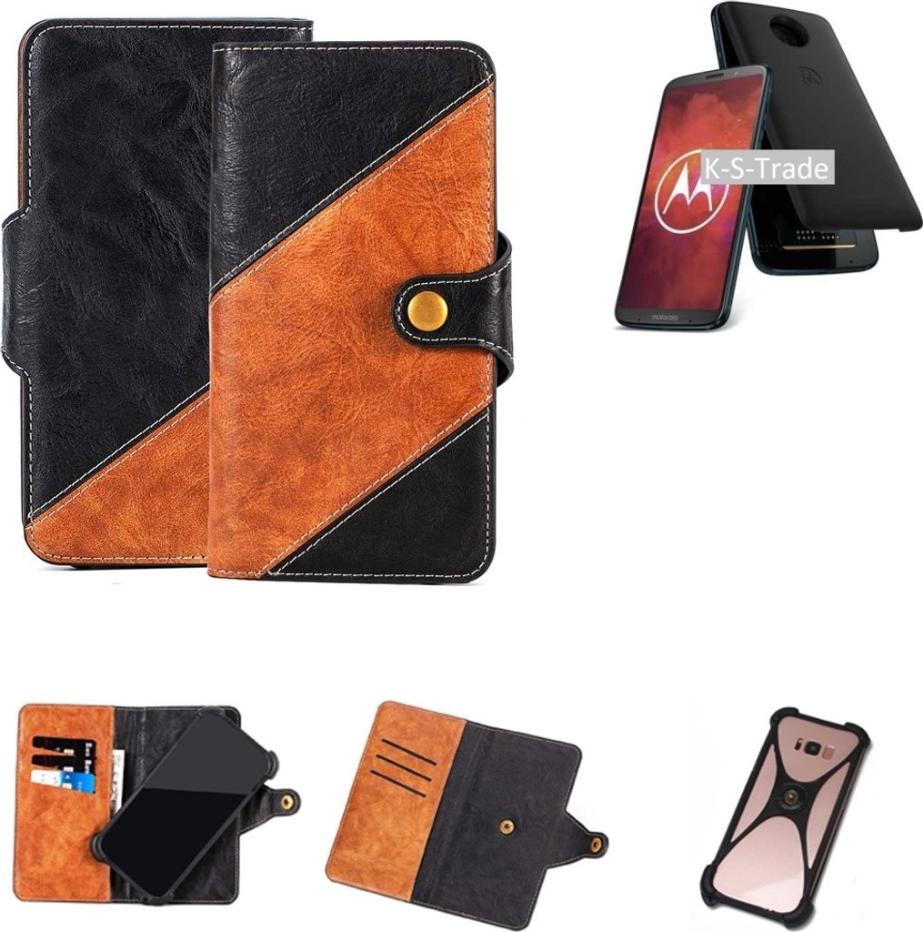 K-S-Trade Handyhülle Schutzhülle Bookstyle Case Wallet-Case kompatibel mit Motorola Moto Z3 Play Handy Cover Bumper Klapphülle schwarz hellbraun 1x