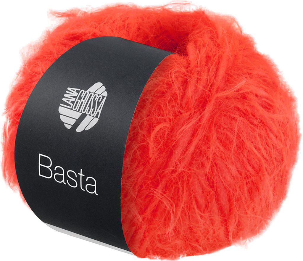 A ball of bright orange yarn with a black label.