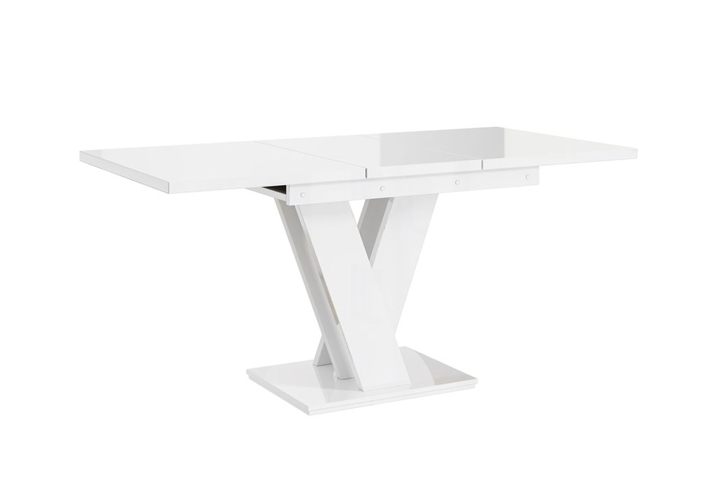 A white dining table with a modern, X-shaped pedestal base, shown from a three-quarter view against a white background.