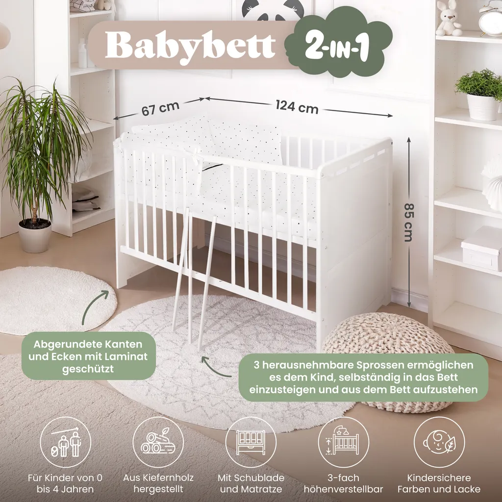 Lit Bébé 2 en 1 iGlobal 120x60 Blanc - Transformable en Lit Junior
