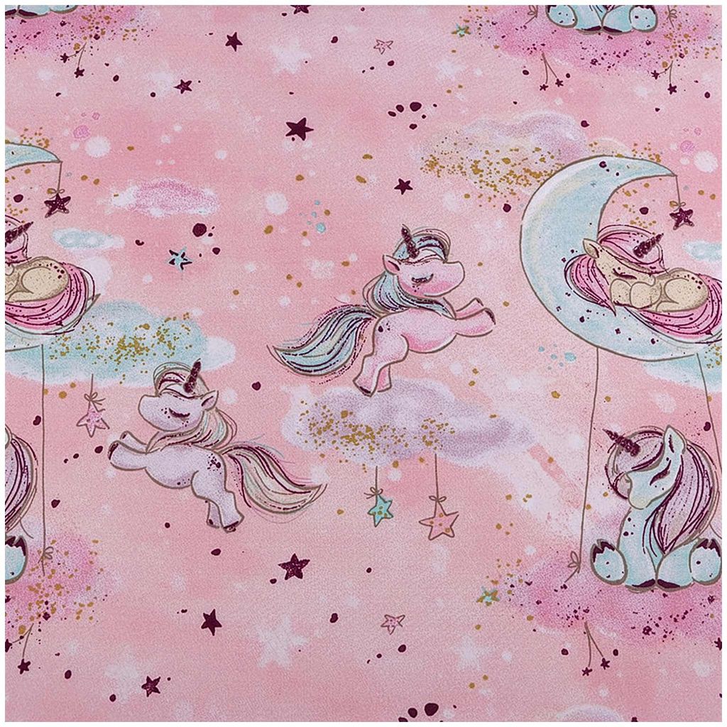 Baumwollstoff Einhorn rosa – Kinderstoff Meterware mit Mond & Sternen.