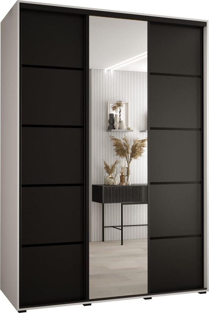 MEBLE KRYSPOL Cannes 5 Schrank mit 3 Schiebetüren - 205,2x180x60 cm - Weiß Schwarz Schwarz