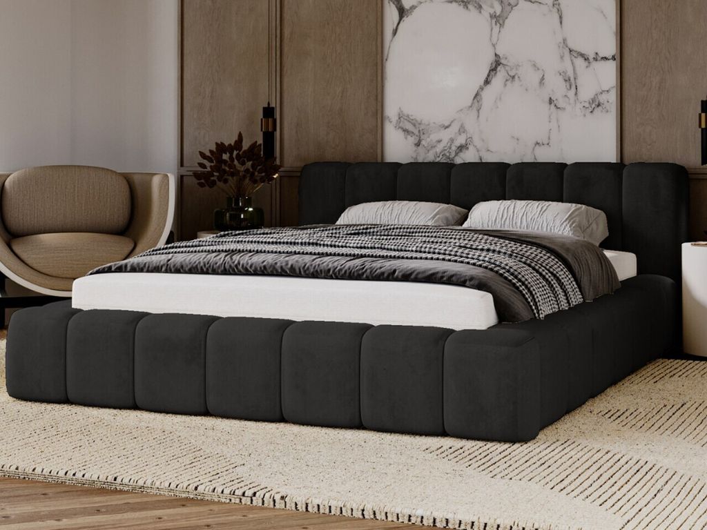 GRAINGOLD Polsterbett 140x200 cm Ibiza - Polyesterstoff, Bettkasten, Lattenrost - Stilvoll Doppelbett - Schwarz (Magic velvet 2219)