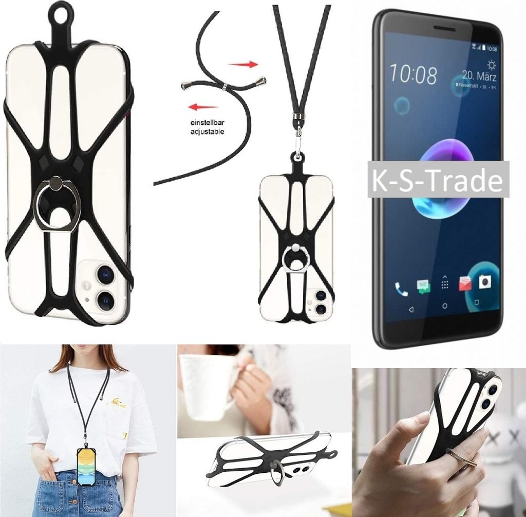K-S-Trade 3in1 Handykette Handyband Handykordel Halsband Smartphone-Ring Handy-Ring kompatibel mit HTC Desire 12 Fingerhalterung Handyring