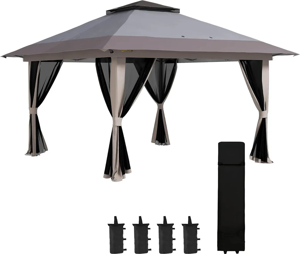 Tente pliante de jardin 392x392x283 cm - Tonnelle grise pour 25 m²
