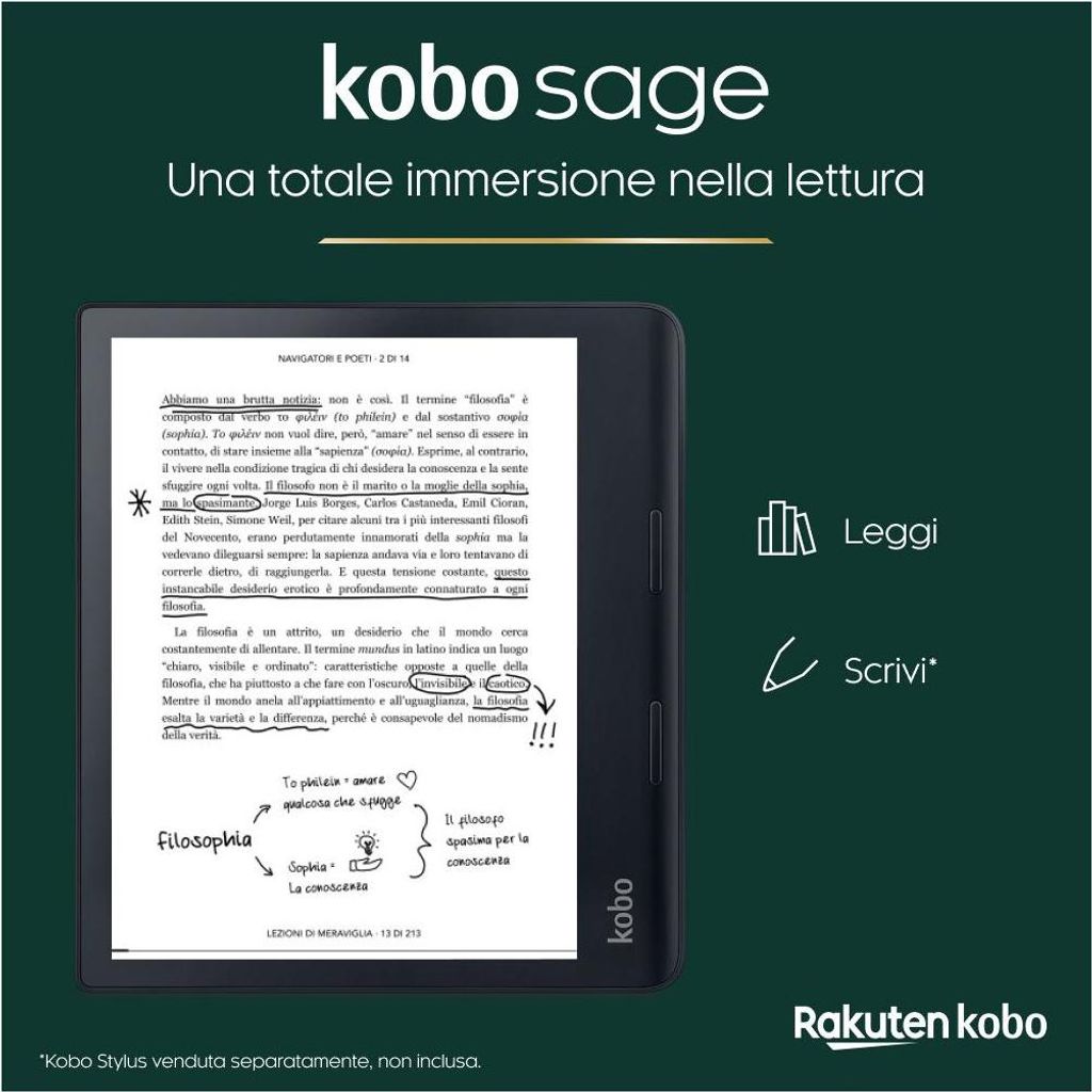 A Kobo Sage e-reader is shown displaying text and a diagram, with marketing text and logos on the right and top.