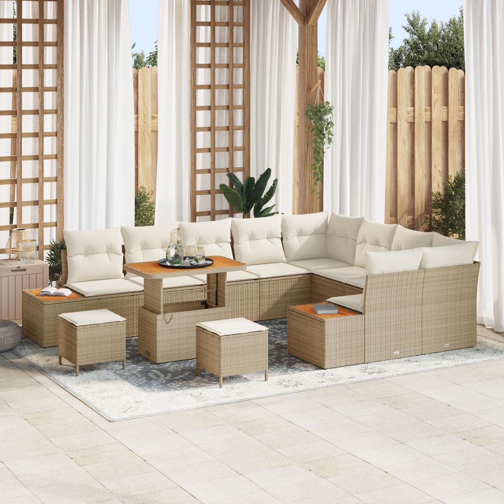 2025 Moderne Gartenlounge Set 12-teiliges Garten Sofa Set mit Kissen Beige Poly-Rattan Akazie - Terassenmöbel Gartenmöbel Hommie5506584