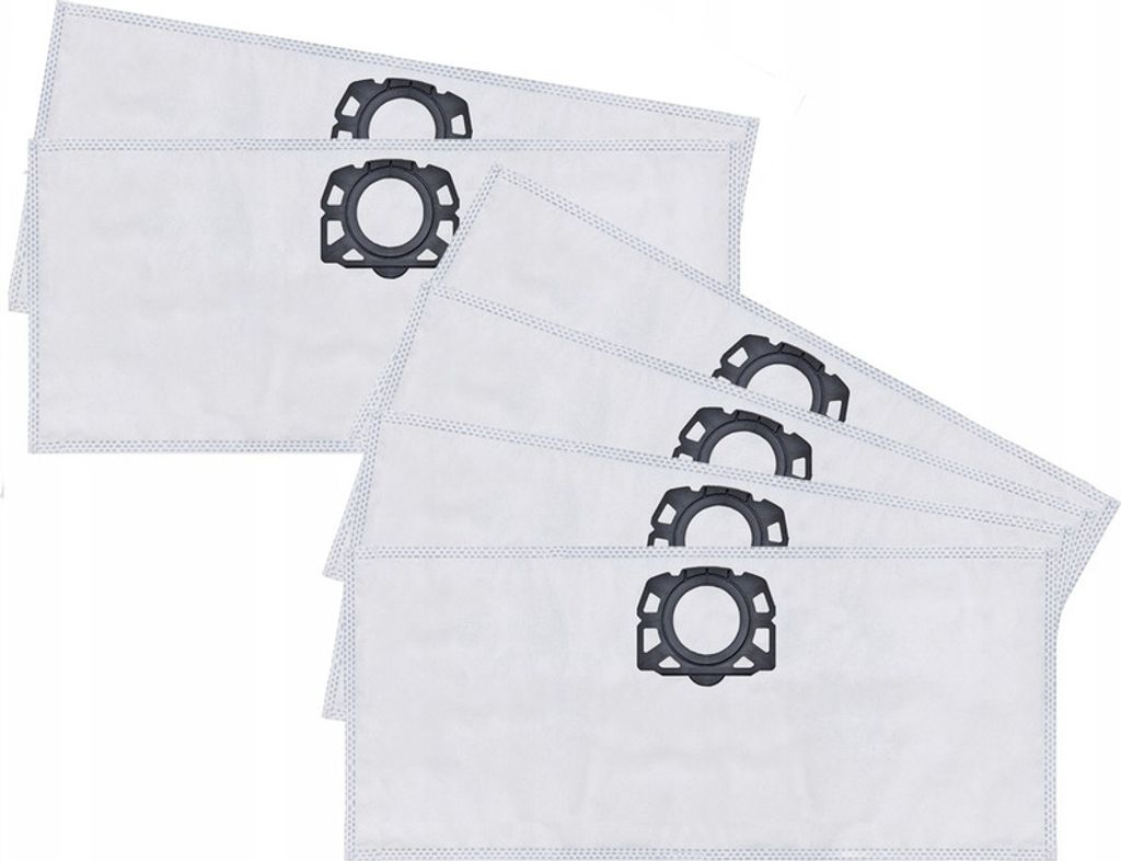 A stack of white vacuum cleaner bags with black plastic connectors.