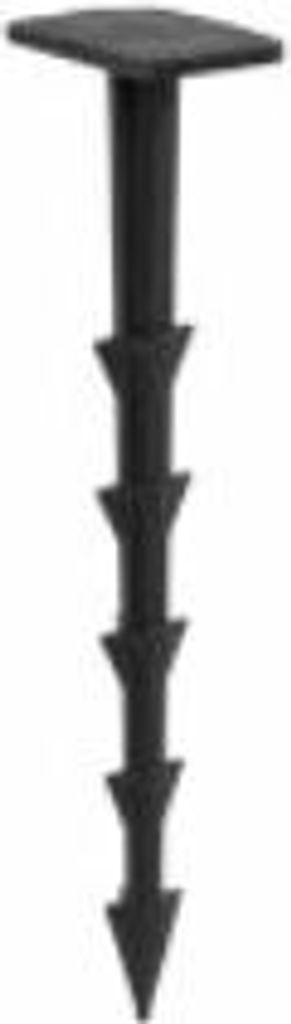 A black landscape fabric staple or ground stake with a flat head and a barbed shaft.