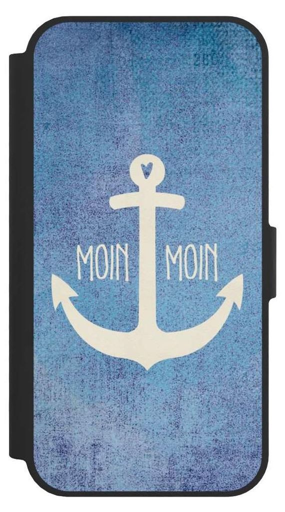 NIVOCASE Klapphülle für Apple iPhone 16e Handyhülle aus Kunst Leder NIVOflip schwarz Anker Blau maritim