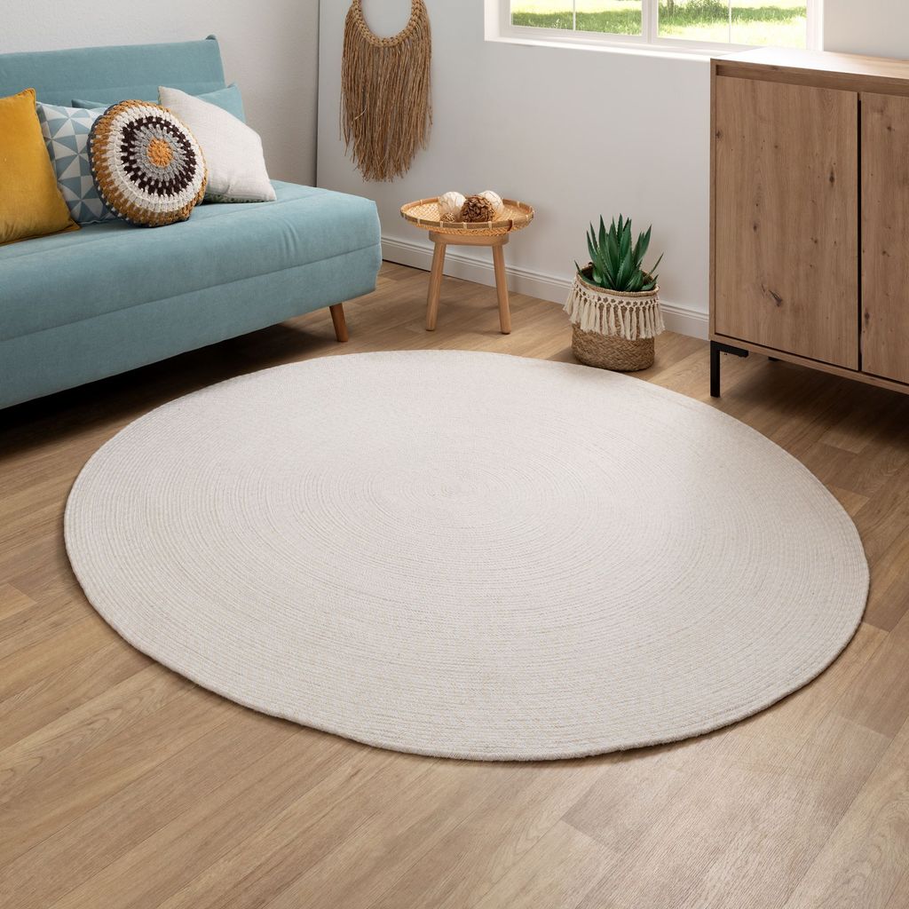 Steffensmeier Handweb Teppich Bali | 100 % Baumwolle, Creme, handgefertigt, Größe: Ø 120 cm | Flur, Eingangsbereich, Wohnzimmer