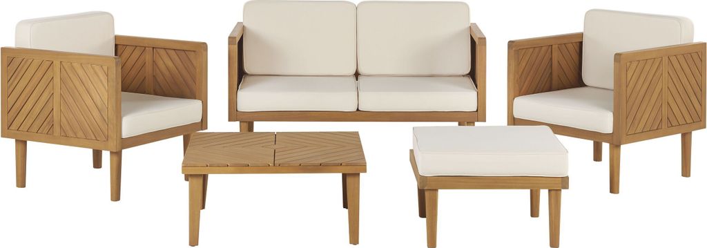 BELIANI Lounge Set Hellbraun Akazienholz 5-teilig für 4 Personen mit Auflagen Beige Stoff Couchtisch Fußhocker 2er Sofa 2 Sessel Outdoor Garten