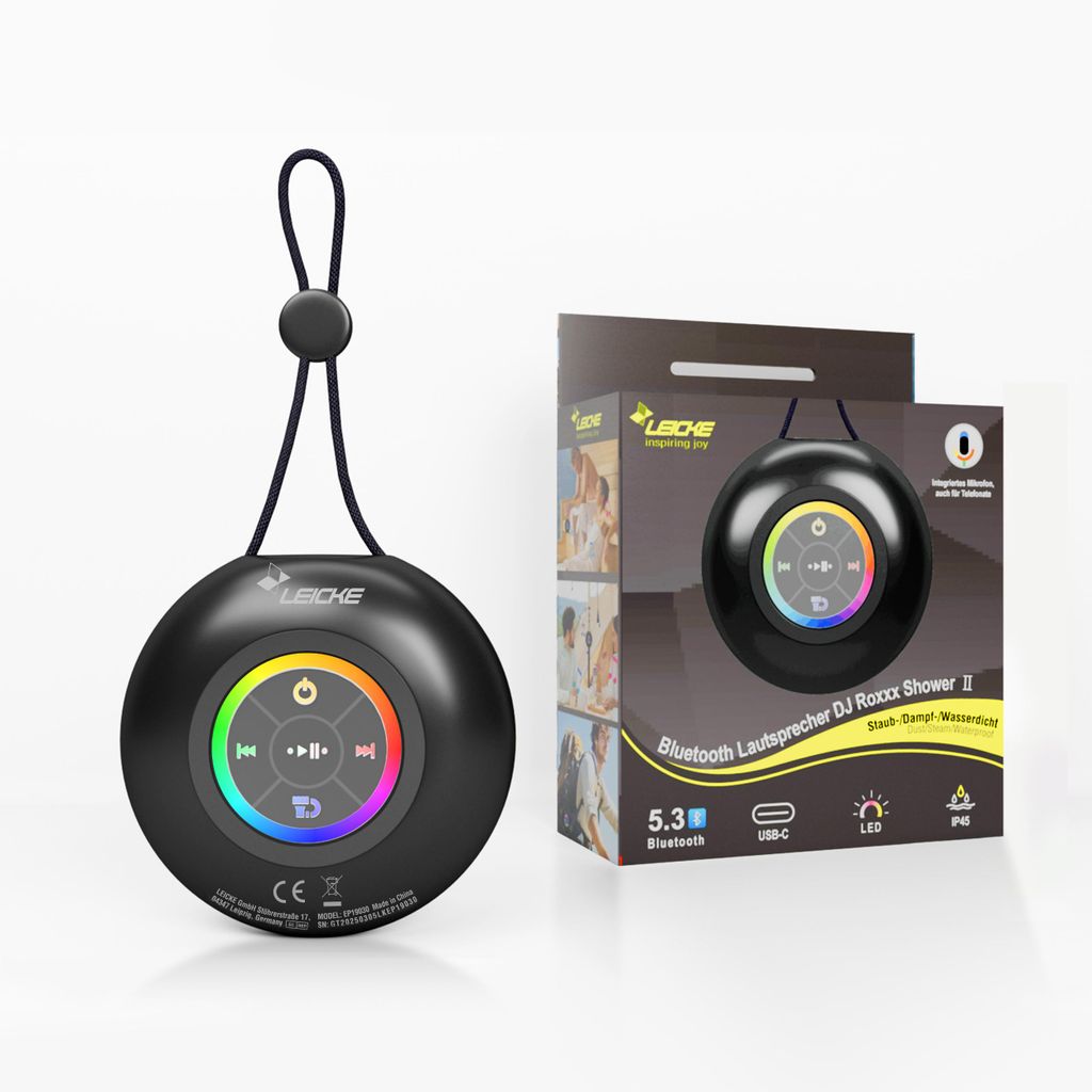 LEICKE DJ Roxxx Shower II Tragbarer Bluetooth Mini-Lautsprecher mit Handschlaufe, 5W LED-Licht&USB-C - Kraftvoller Sound für Dusche, Drinnen, Drau...