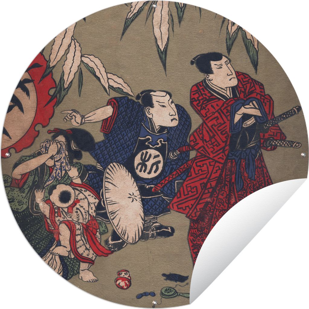 MuchoWow Gartenposter Outdoor-Poster Rund Vintage-Illustration eines japanischen Samurai Ø 90 cm Gartendeko Rundes Poster draußen