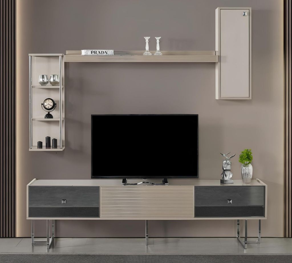 Wohnwand RTV Lowboard TV Ständer Schrank Holz Grau Regale Wohnzimmer