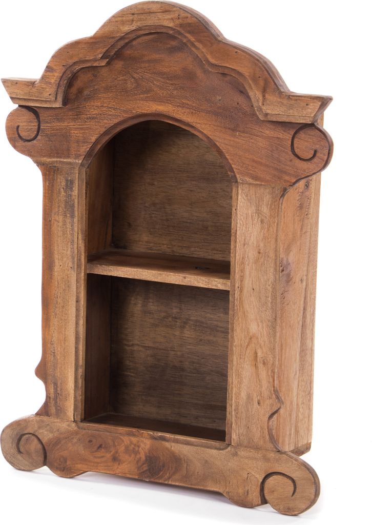 A wooden shelf unit against a white background.