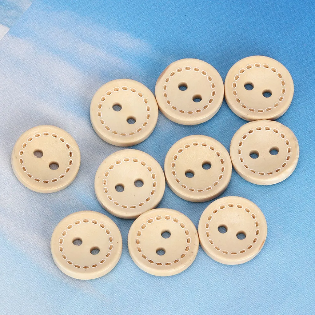 AOKODA 15mm 100Pcs Bottoni in Legno di Forma Rotonda di Colore Naturale Bottoni da Cucire a 2 Fori con Linea tratteggiata Scrapbooking Accessori di Abbigliamento Fai-da-Te