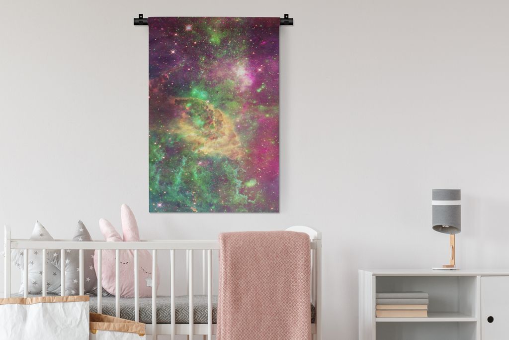 MuchoWow Wandteppich Wandbehang Grün - Raum - Sterne 60x90 cm Tapisserie Dekoration Wandtuch - Foto-Teppich - Abwaschbar