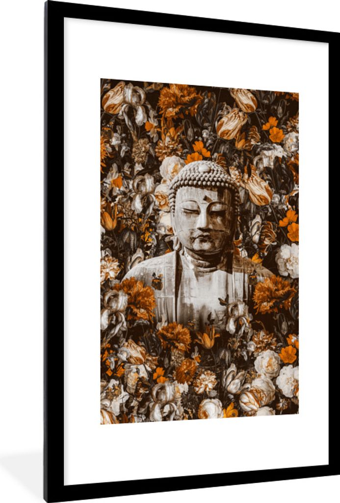 MuchoWow MuchoWow Gerahmtes Poster Buddha - Gesicht - Blumen 60x90 cm - Poster mit zchwarzem Bilderrahmen - Dekoration - Wandposter Wohnzimmer ...