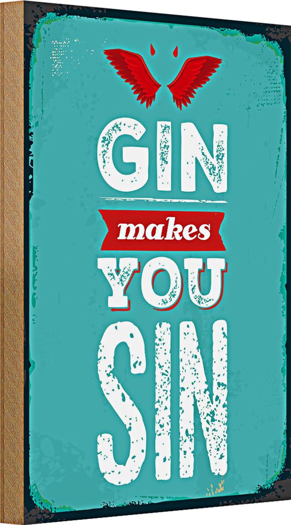 Holzschild Spruch Gin makes you Sin Devil Hell 20x30cm
