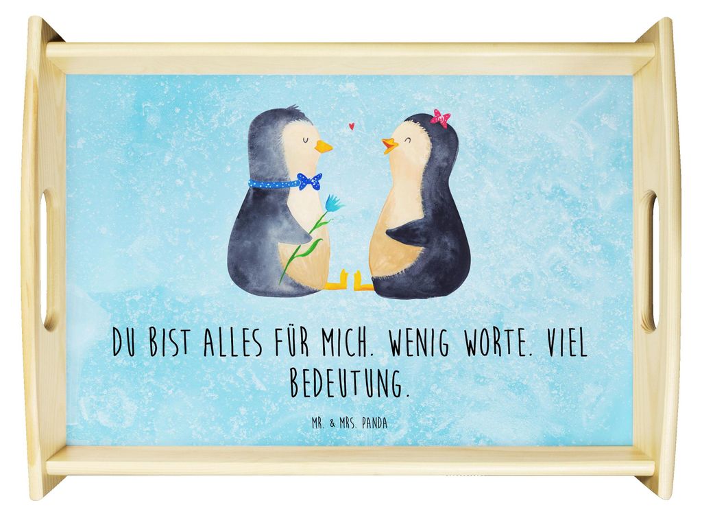 Mr. & Mrs. Panda Tablett Pinguin Pärchen - Eisblau - Geschenk, Liebe, Holztablett, holz, Hochzeitstag, Serviertablett, aus, Jahrestag