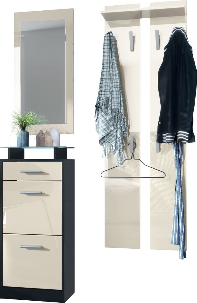 Vladon Garderobenset Garderobe Loret V2 Mini, Korpus in Schwarz matt / Front in Creme Hochglanz