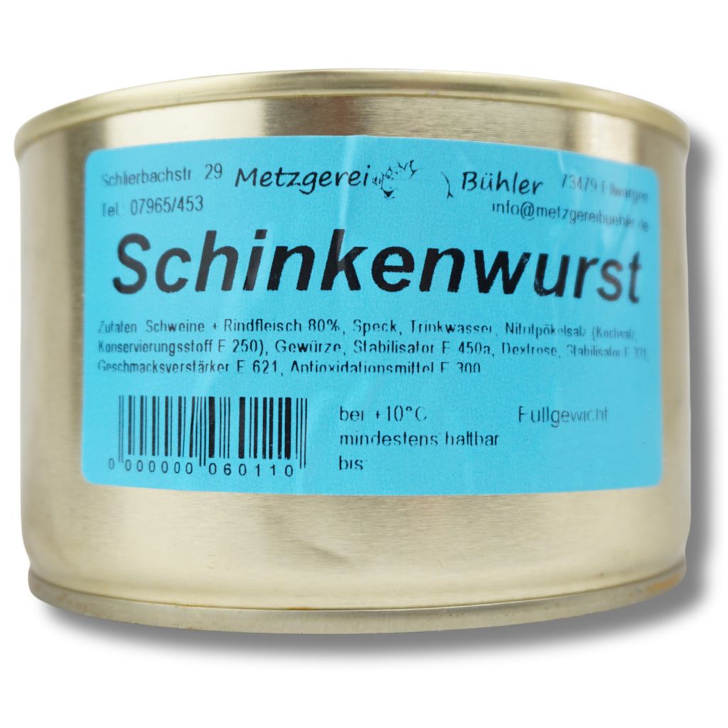 Schinkenwurst Dosenwurst Wurstkonserve 120g mit Schweinefleisch und Rindfleisch | Metzgerei Bühler