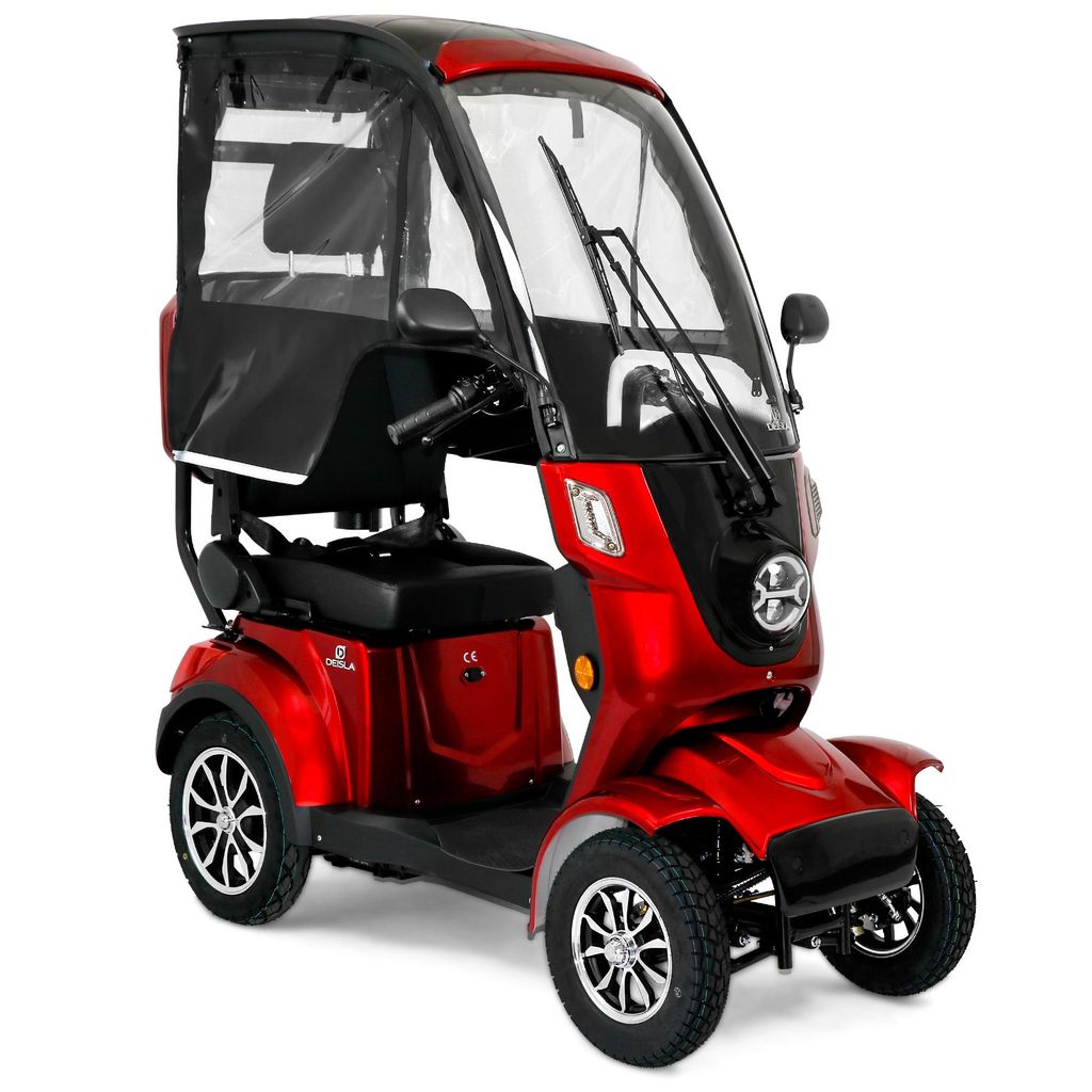A red mobility scooter with a black roof and windshield, shown from a three-quarter front angle against a white background.