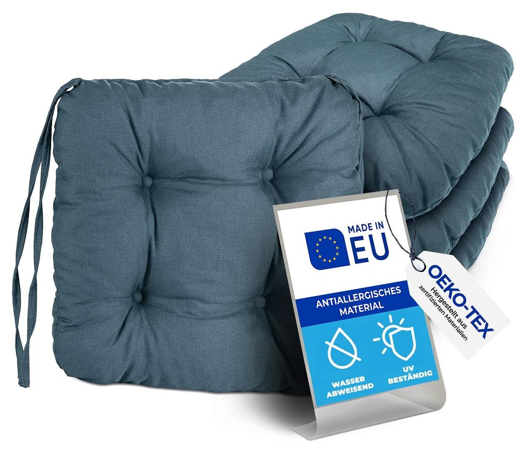 Pillows24 – 4x Sitzkissen Outdoor 40x40 – Extra dicke 8cm – wasser- & UV-beständig + Bändern | Bequeme Stuhlkissen für Gartenstuhl (türkis)