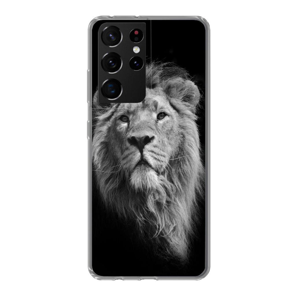 MuchoWow Handyhülle Schutzhülle Hülle für Samsung Galaxy S21 Ultra Asiatischer Löwe vor schwarzem Hintergrund in Schwarz und Weiß Silikon S...