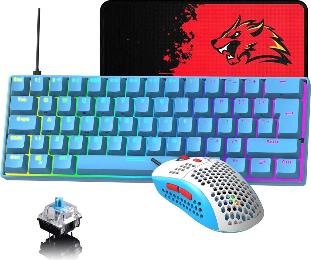 60% UK-Layout Gaming-Tastatur und Maus: 62 Tasten Mechanische Mini-Tastatur, 19 Regenbogen- und 6 RGB-Beleuchtungseffekte, Leichte Maus mit 6400 DPI