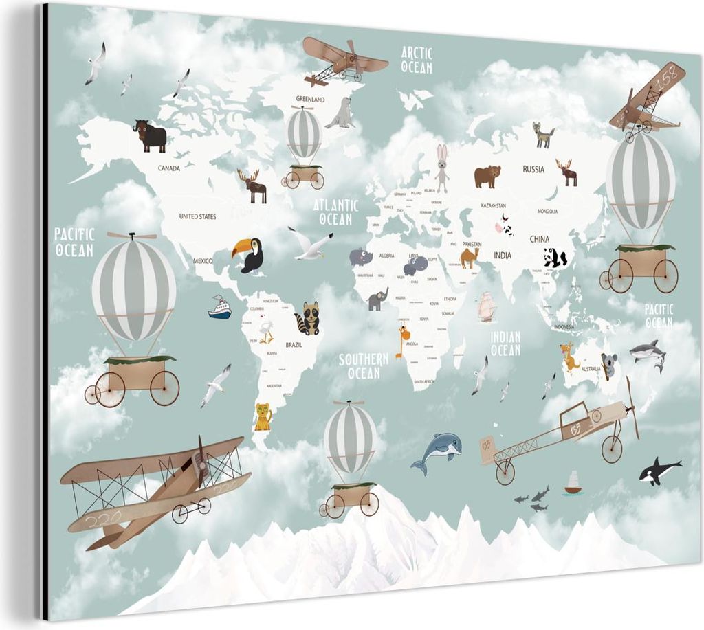 MuchoWow Wanddekoration Metall Metallbild Wandkunst 150x100 cm Weltkarte - Kind - Flugzeug MuchoWow Aluminium Gemälde - Alu Dibond Bild