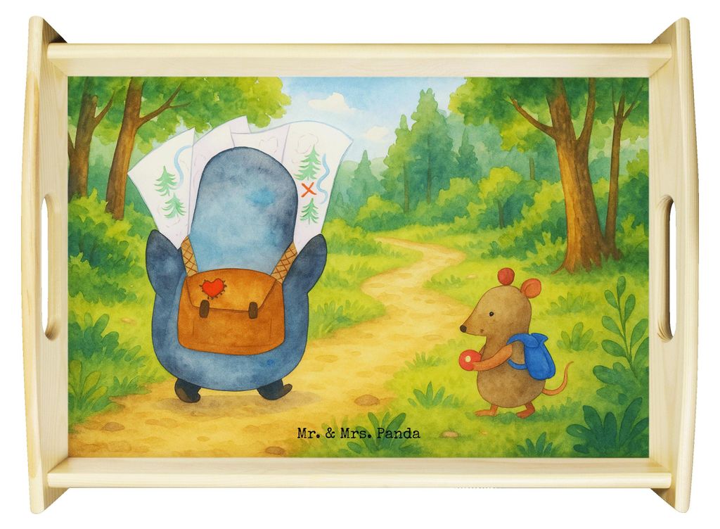 Mr. & Mrs. Panda sofatablett Pinguin & Maus Wanderer Design - Weiß - Geschenk, Wandern, serviertablett aus holz, Ausflug, tablett, Sofa, Servier
