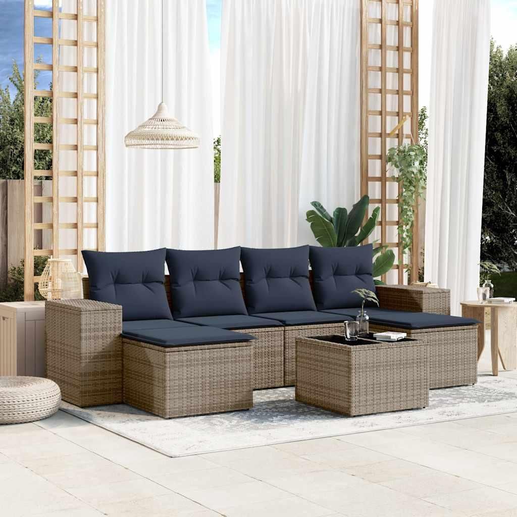 Möbel 7-teiliges Gartensofa-Set mit Kissen, grau, Polyrattan - Gartenmöbelgarnituren CC3945