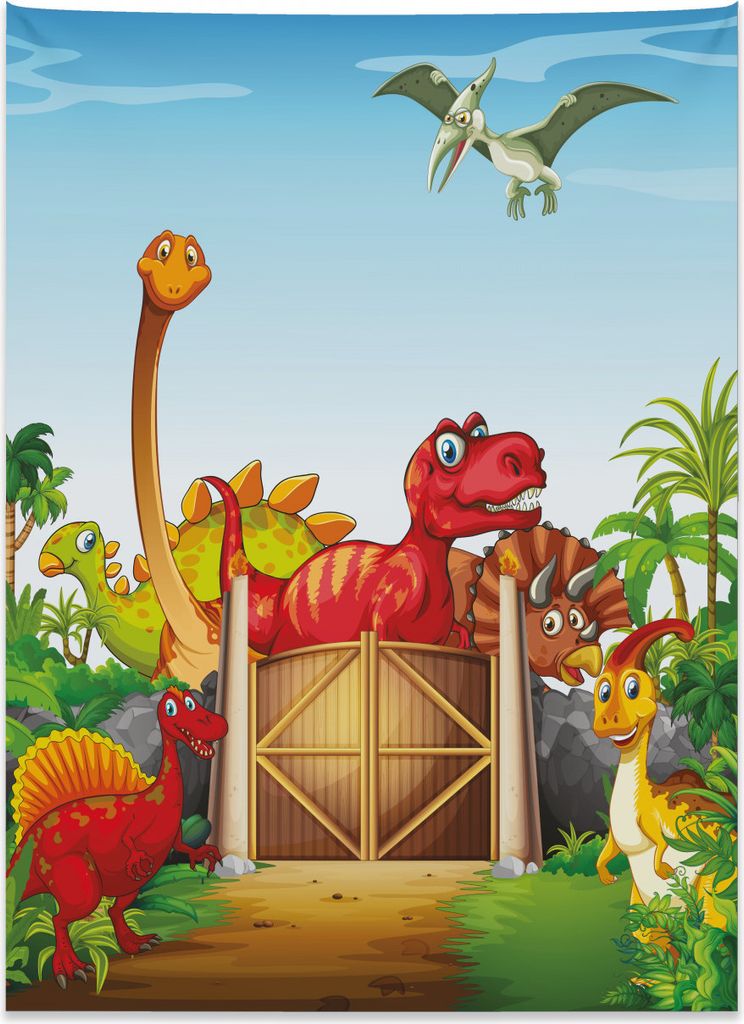 Abakuhaus Dino Wandteppich, Cartoon Dinosaurier im Park aus Weiches Mikrofaser Stoff Kein Verblassen Klare Farben Waschbar, 110 x 150 cm, Mehrfarbig