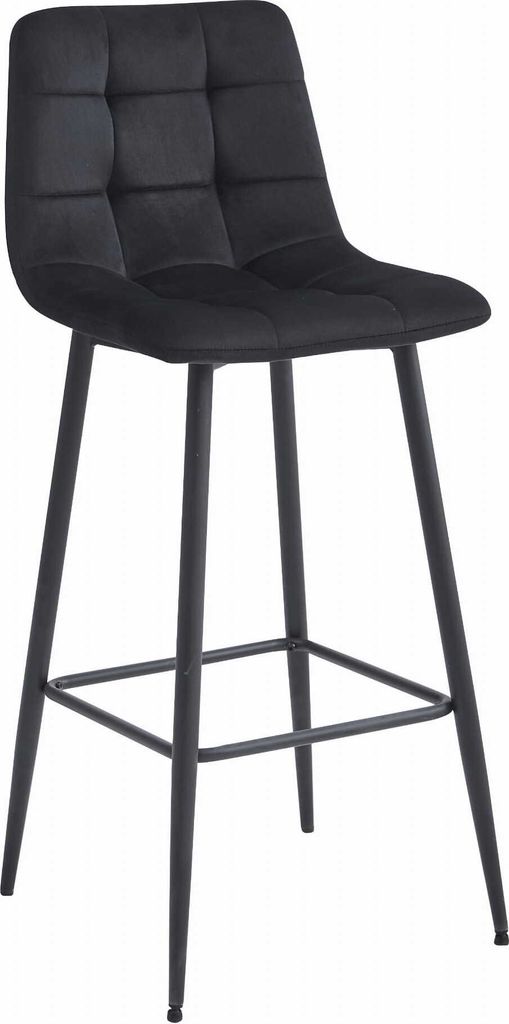 A black bar stool with a tufted seat and black metal legs, shown against a white background.